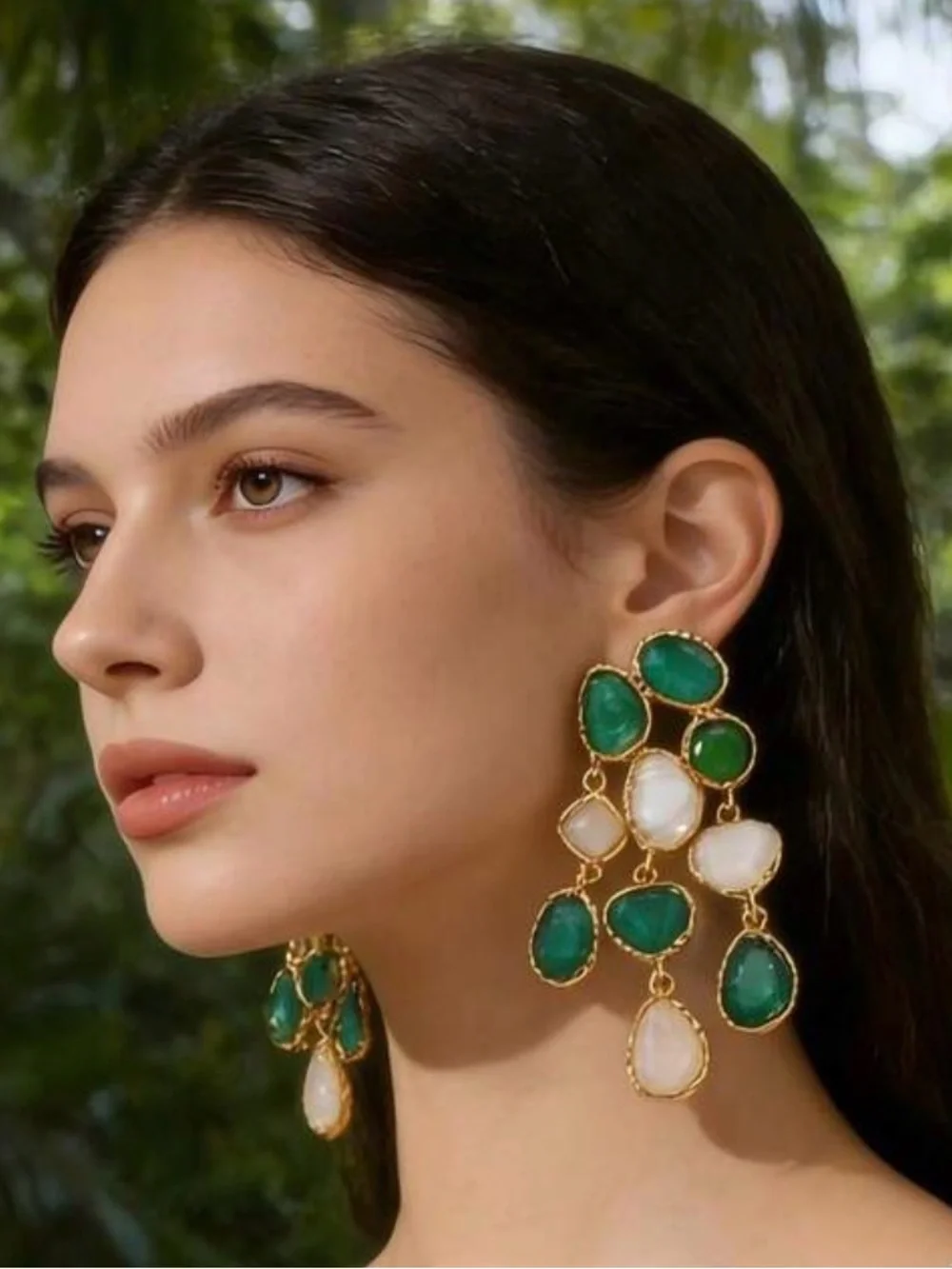 Gold Drop Earrings with Emerald Green and White Stones